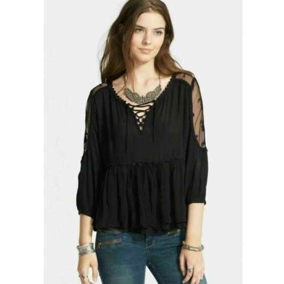 Free People Romance of the Rose Black Lace Embroidered Lace Up, Size Small - Picture 1 of 7